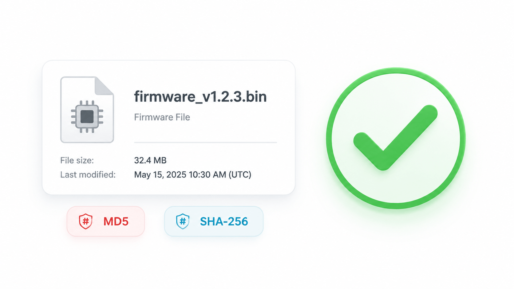 Technical hero image showing MD5 and SHA-256 checksum verification for firmware archives