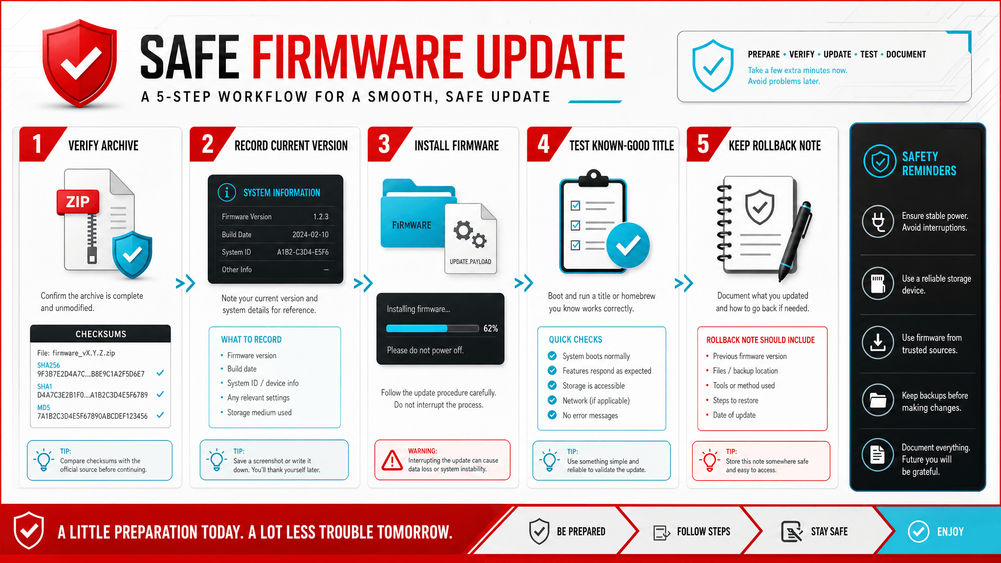 Safe firmware update workflow poster with archive verification, version records, installation, testing, and rollback notes