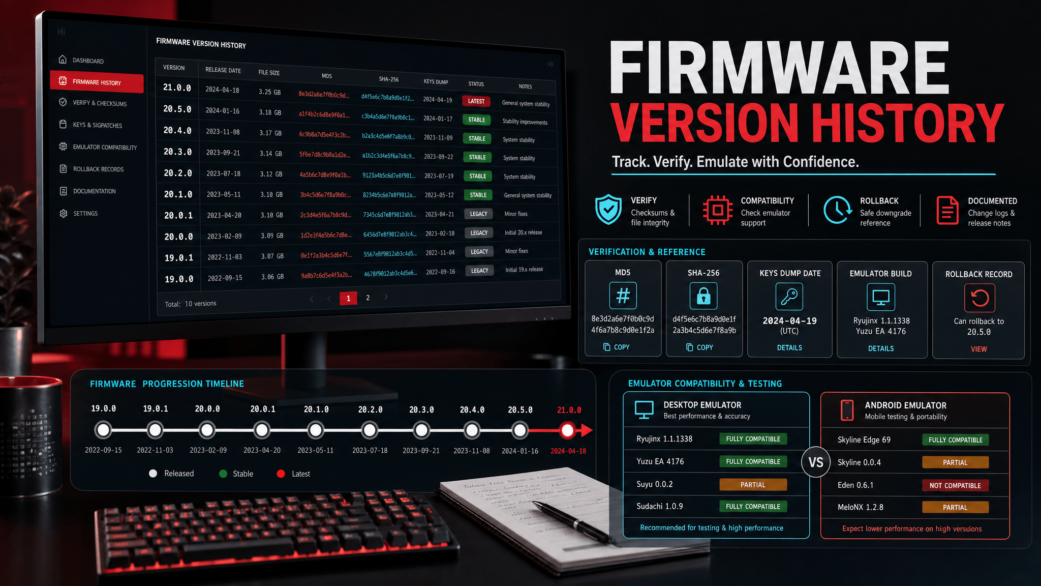 Firmware version history dashboard with checksum verification and update notes