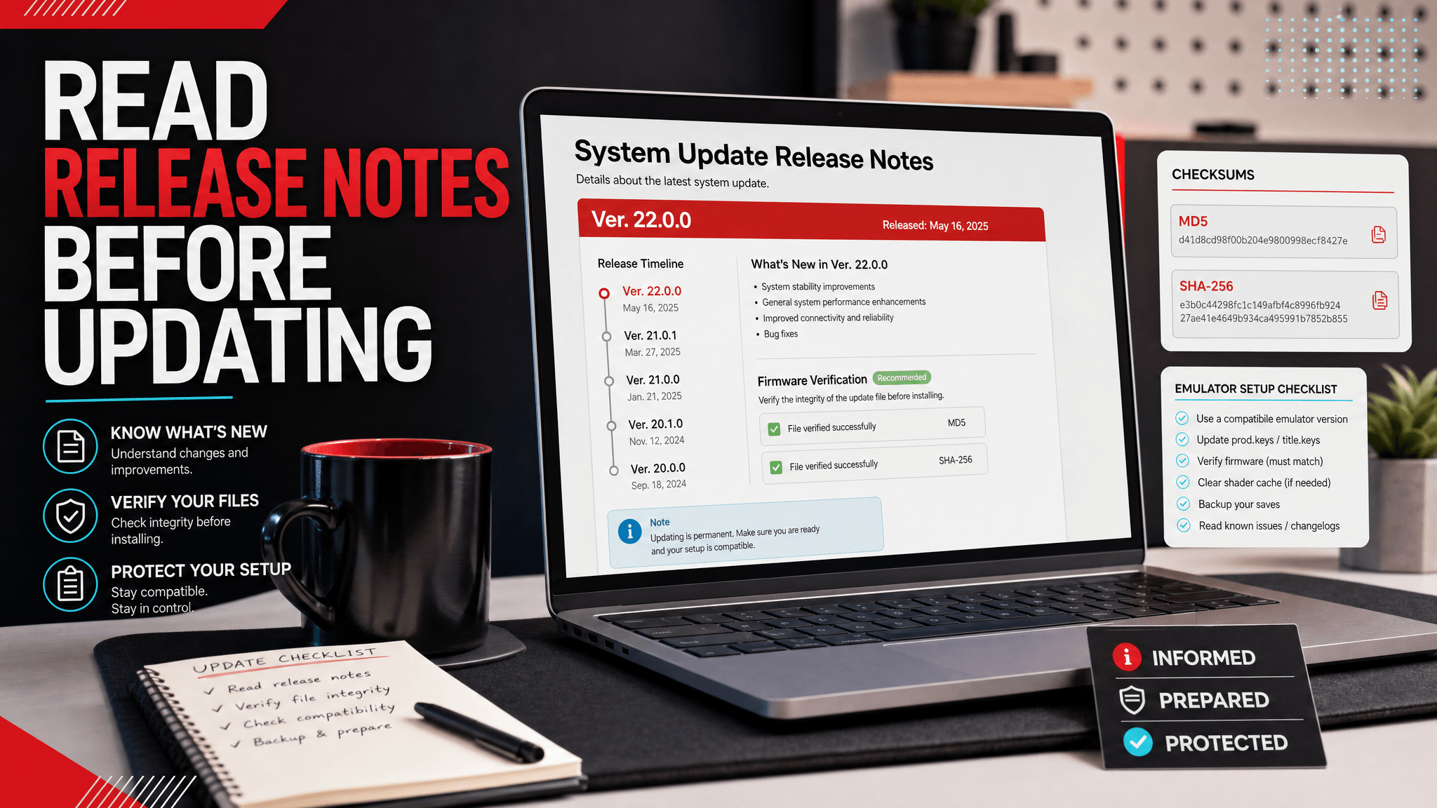 Release notes guide image showing firmware update notes connected to version tracking